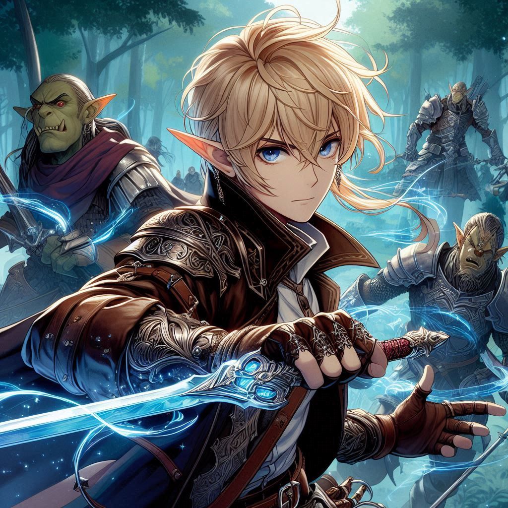 Japanese Anime style Elf fighting with Orcs