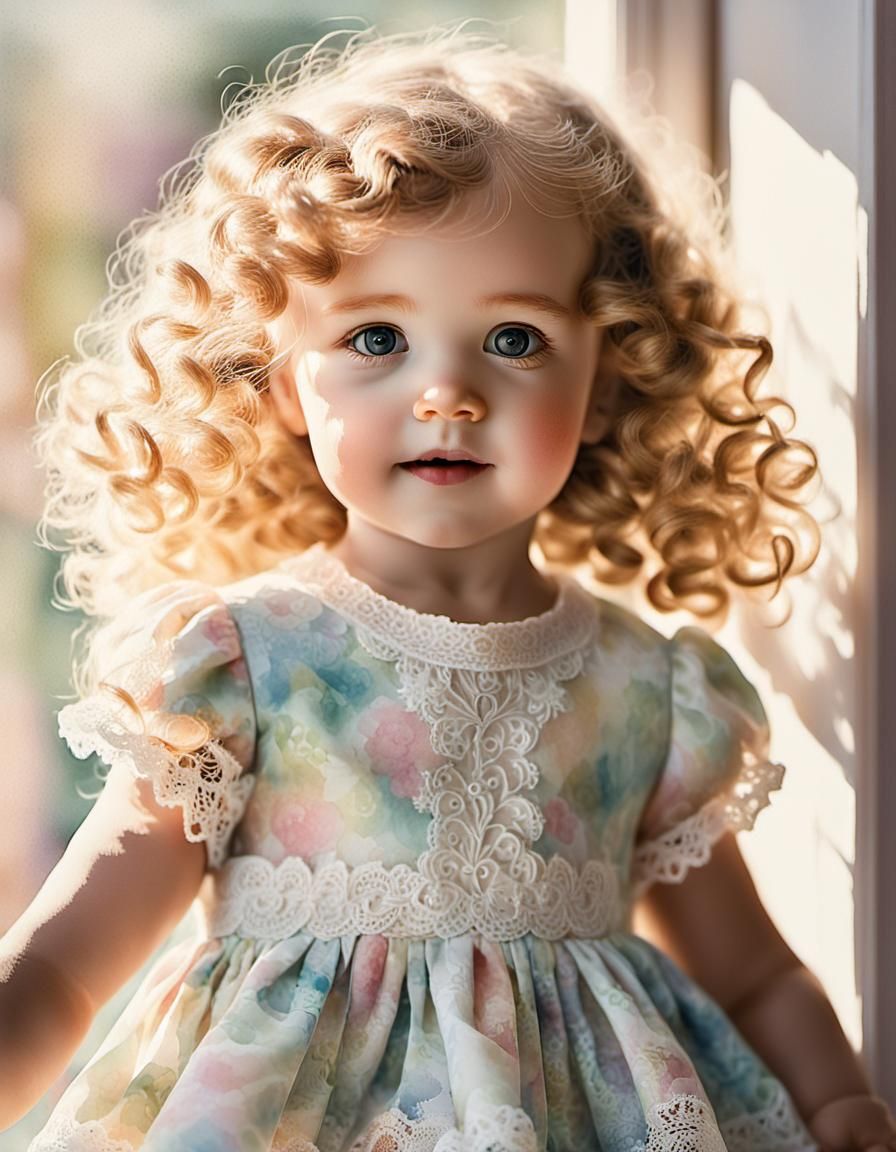 Girl Receives Doll: Whimsical Watercolor Portrait