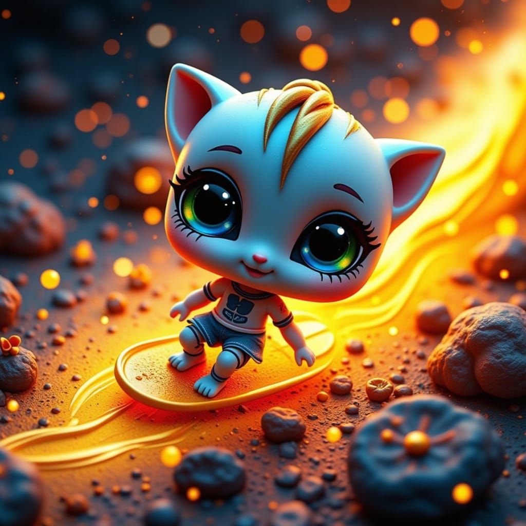 two-colors, like-chibi, big-eyes, like-doll, Worm's eye view of a kawaii ??? surfer made from intricate fluttering silver filaments, gliding...