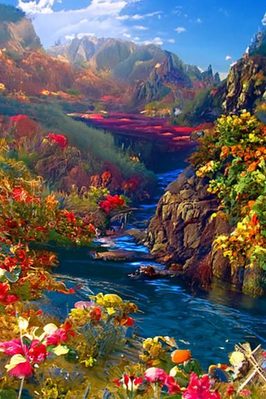A beautiful painting of a river full of clear cystal deep bl...