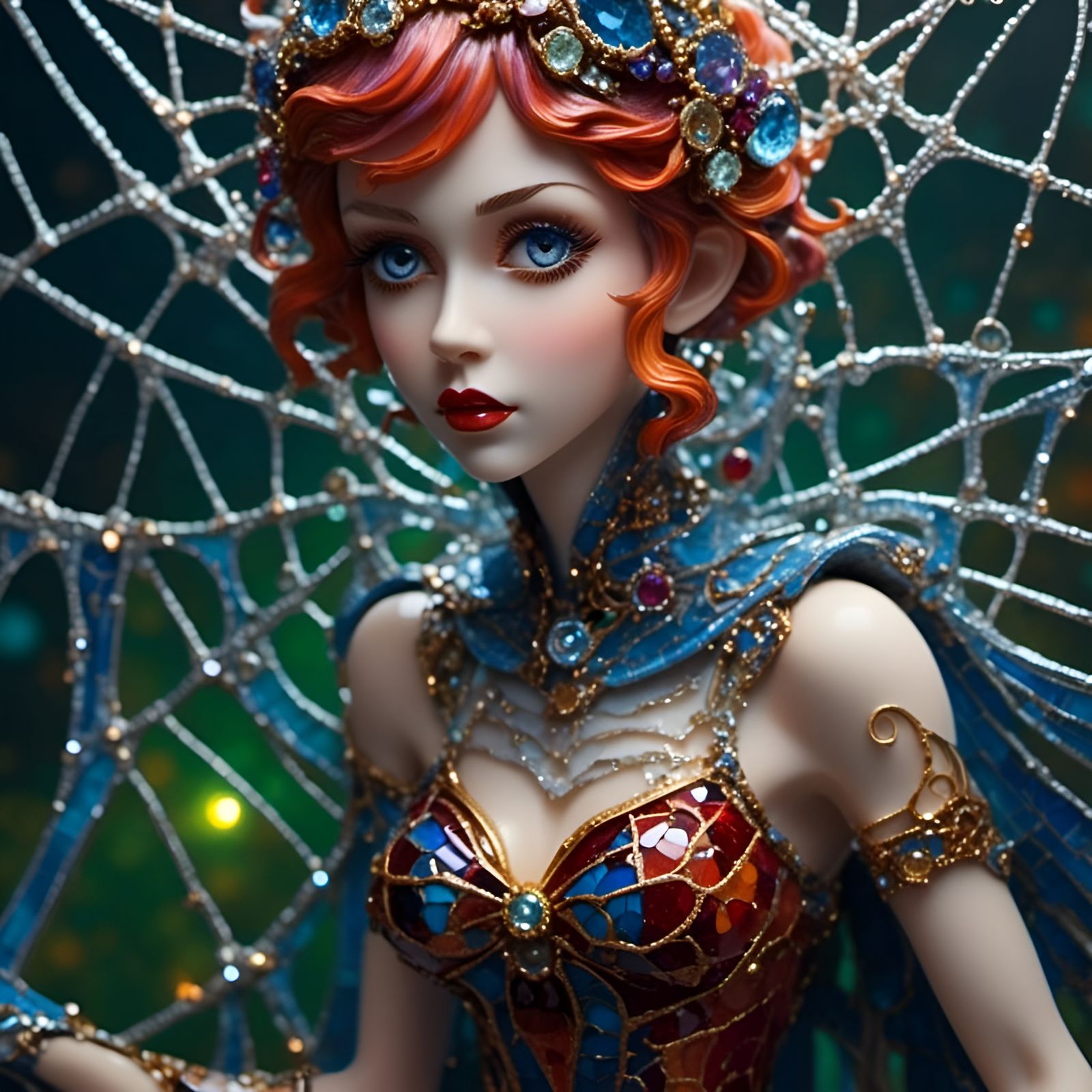 <lora:Mosaic Jewels:1.0> 8k hdr macro closeup of a (fantasy pixie) caught in a spider web, art in a jeweled mosaic frame