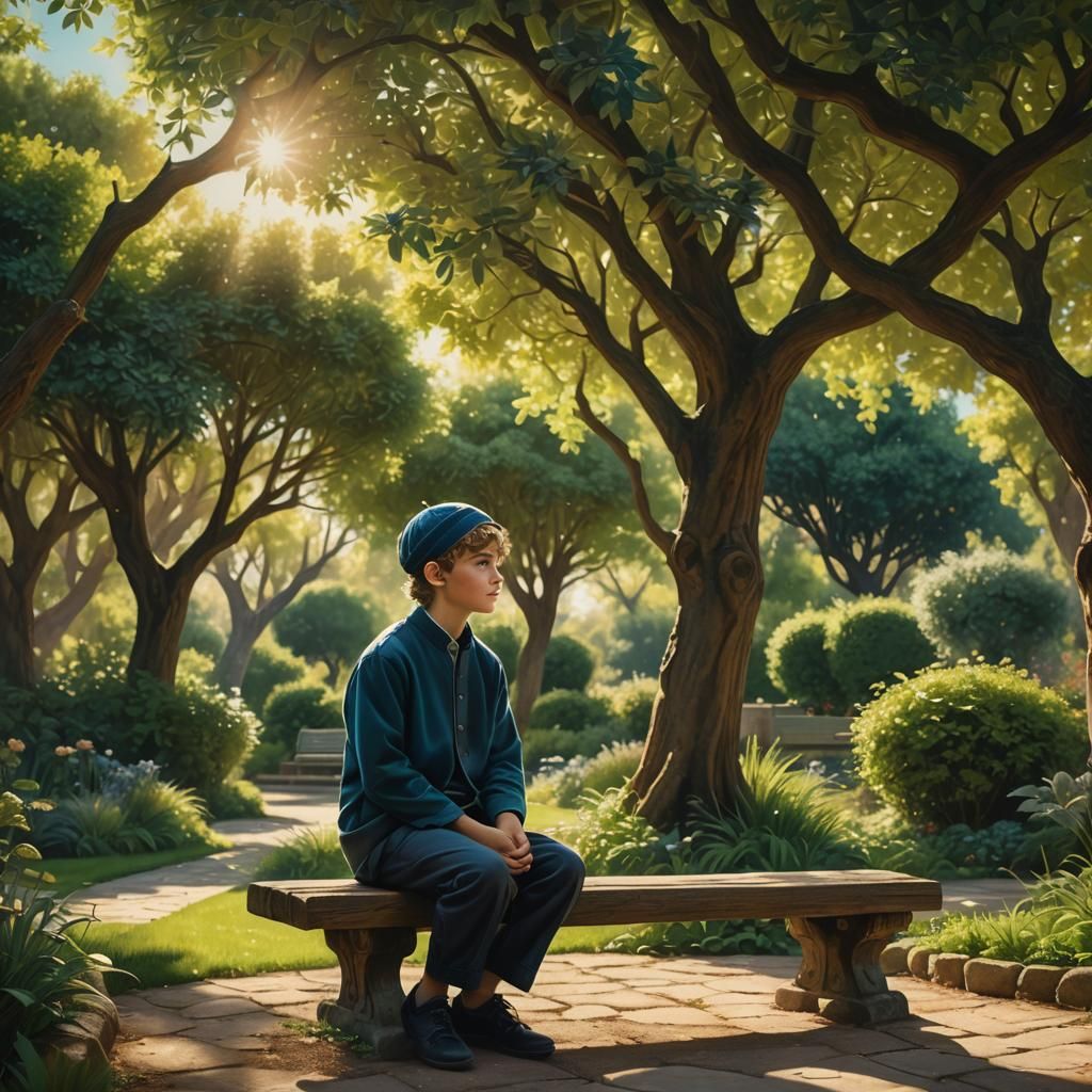 Boy in Garden Sunlight: Matte Painting Style