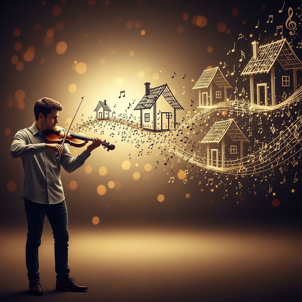 Man Playing Violin Creates Houses from Musical Notes