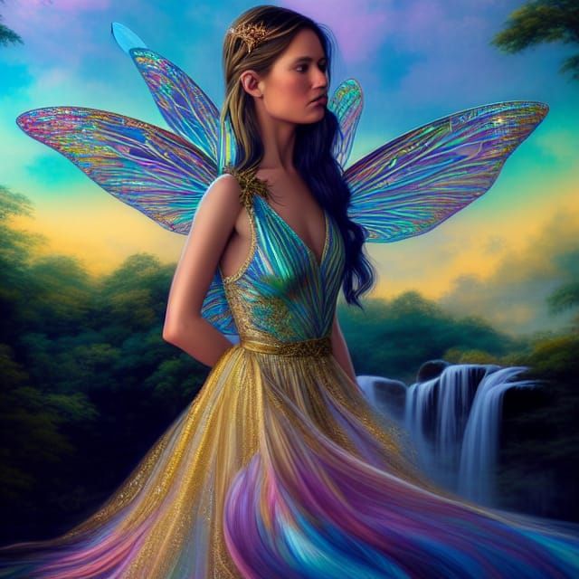 Portrait of a fairy princess infront of beautiful waterfalls and ...