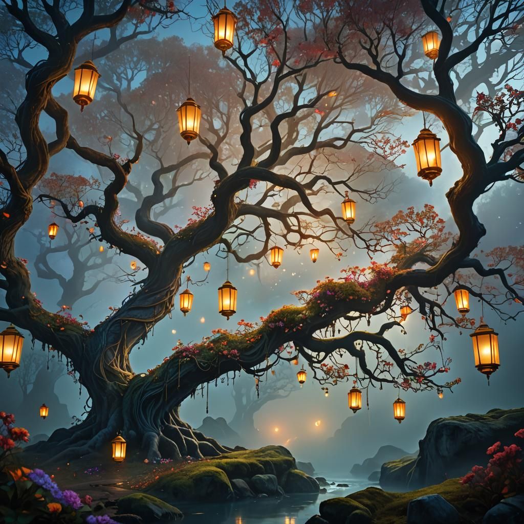 Ethereal Tree in Mystical Forest: Fantasy Concept Art