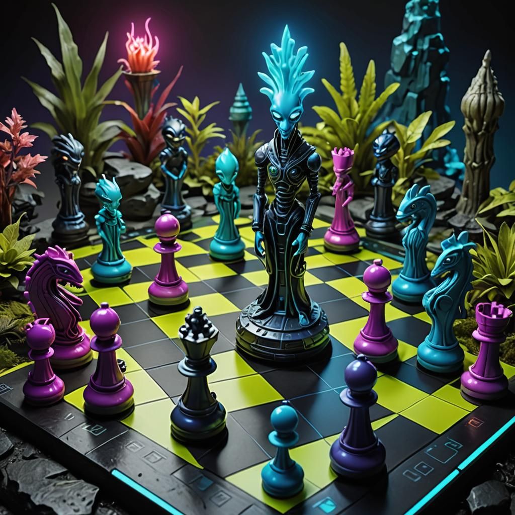 "Design a live action chess game with an alien theme: Set th...