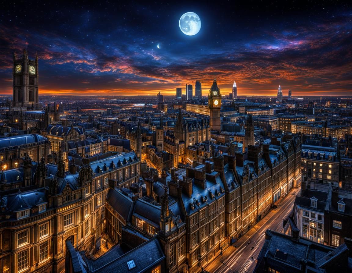 England's skyline:: night time:: lights on ::sky lit by stars and the moon:: colorful::beautiful:: insanely ...  by @  debster