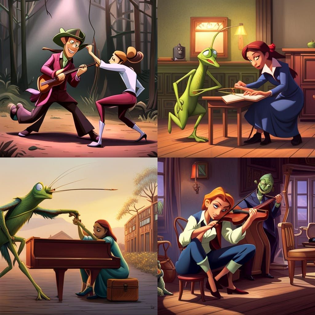 Stomping Jimminy Cricket plays fiddle while Priscilla, the P...