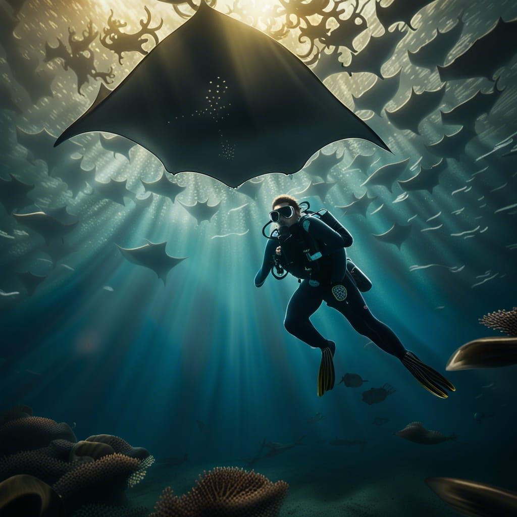 A diver swimming through the sky with a cloud reef, rain fis...