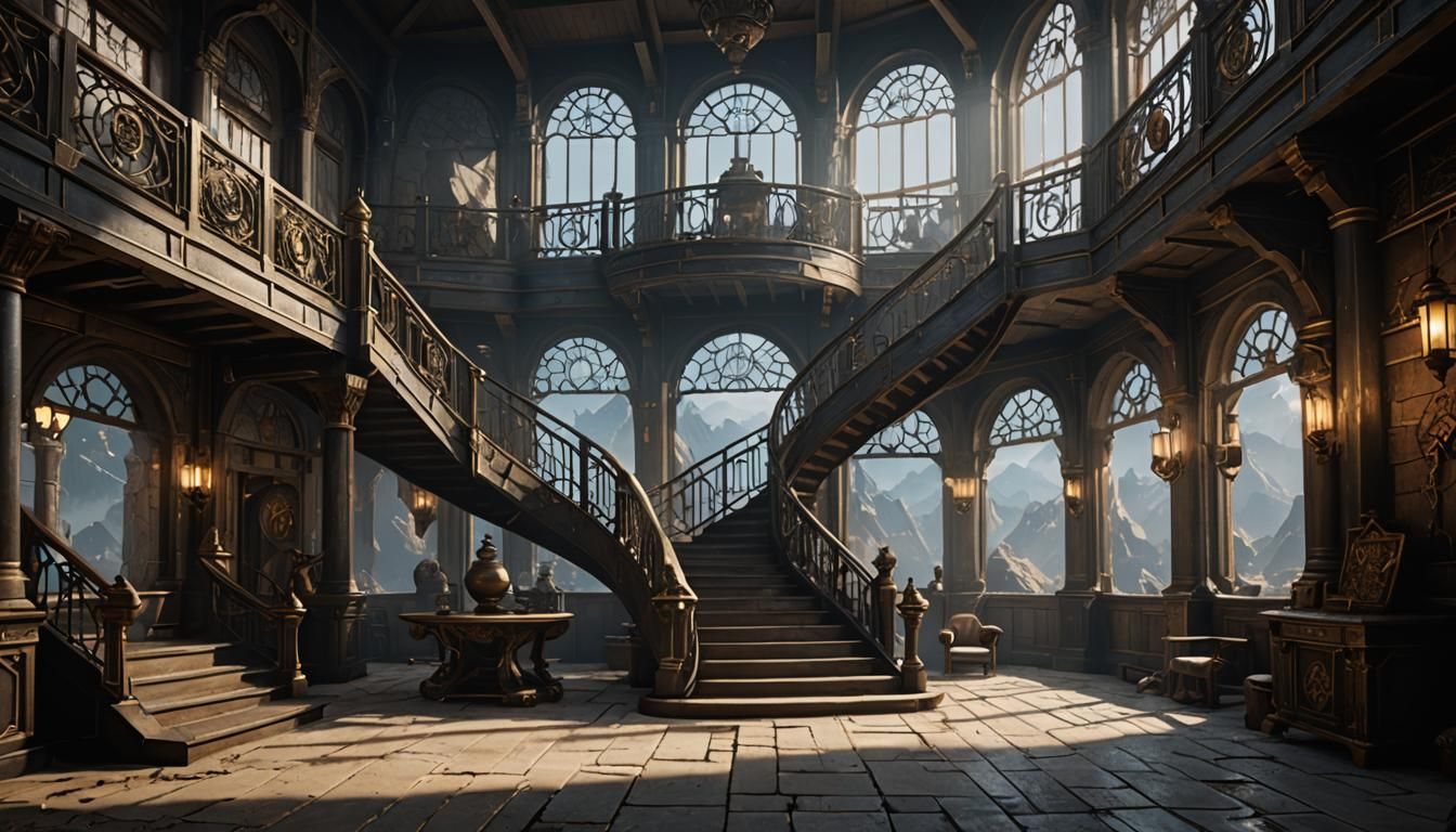 alchemy lab matte painting. wide shot with a stair case for ...