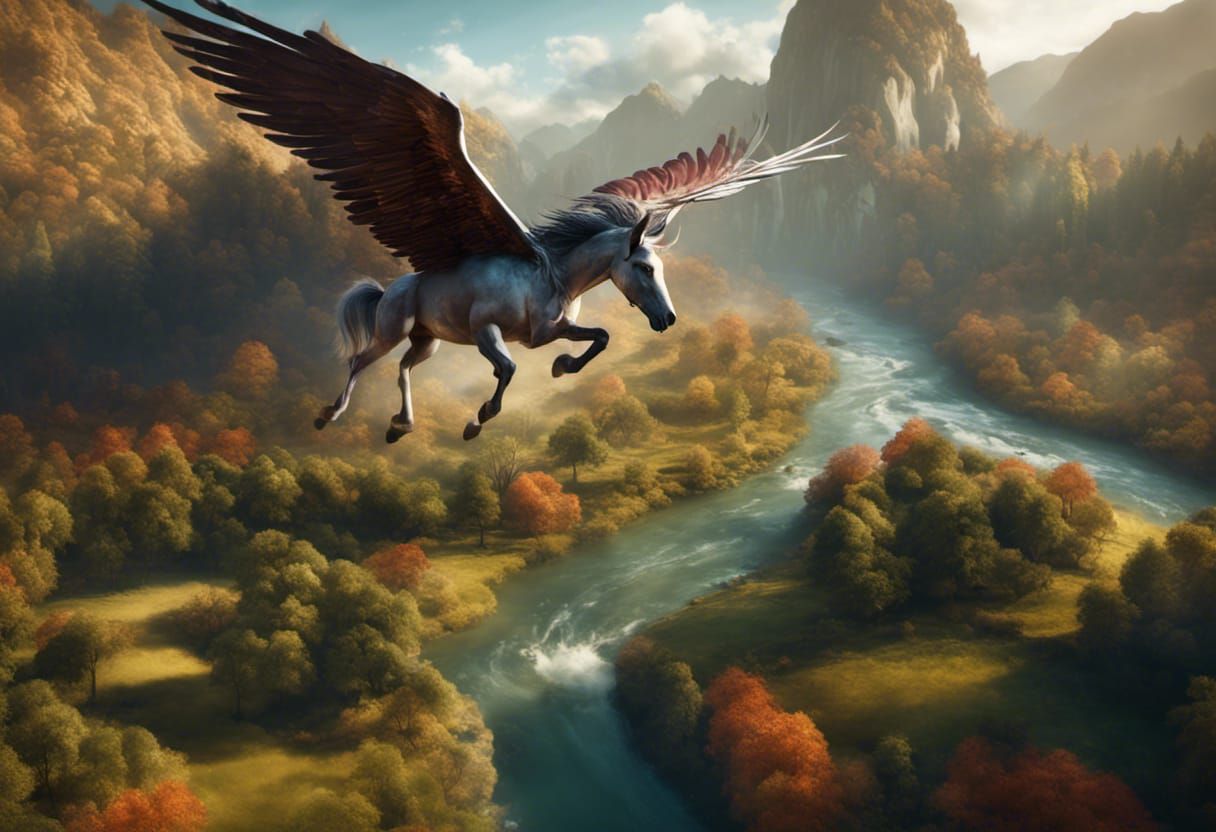 Pegasus flying over a tree lined valley with a river running...