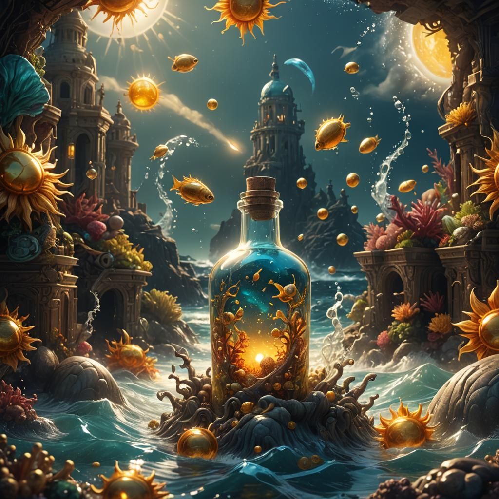 Sun in a bottle in the sea