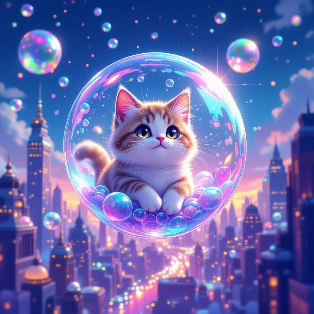 A fantasy scene where a cat like creature lives inside a floating bubble.
A city skyline made entirely ...  by @KewieeKaBoom