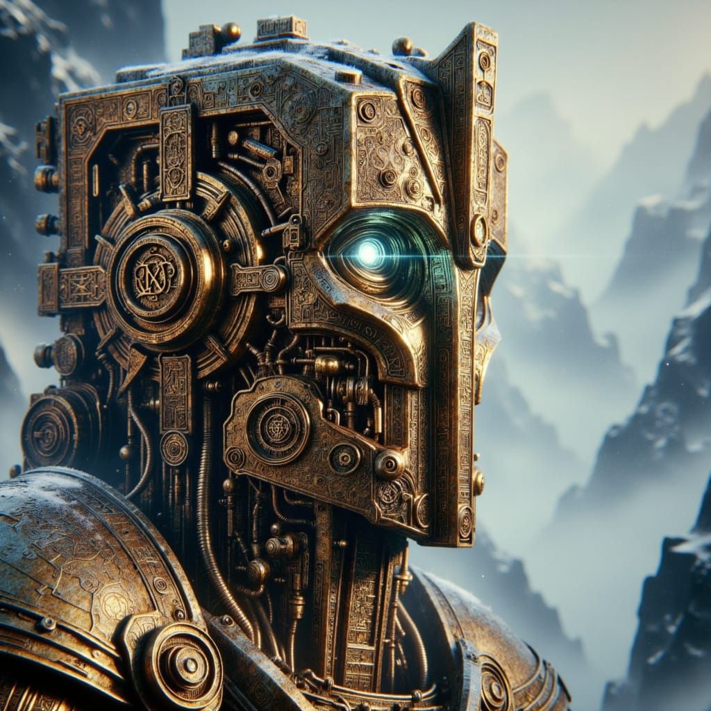 dwemerpunk, scultural-phoebism lady, Snow-mountains,<lora:Dwemerpunk:1.0> in frost-kissed, skyrimscape, hidden-art machinery infused with en...