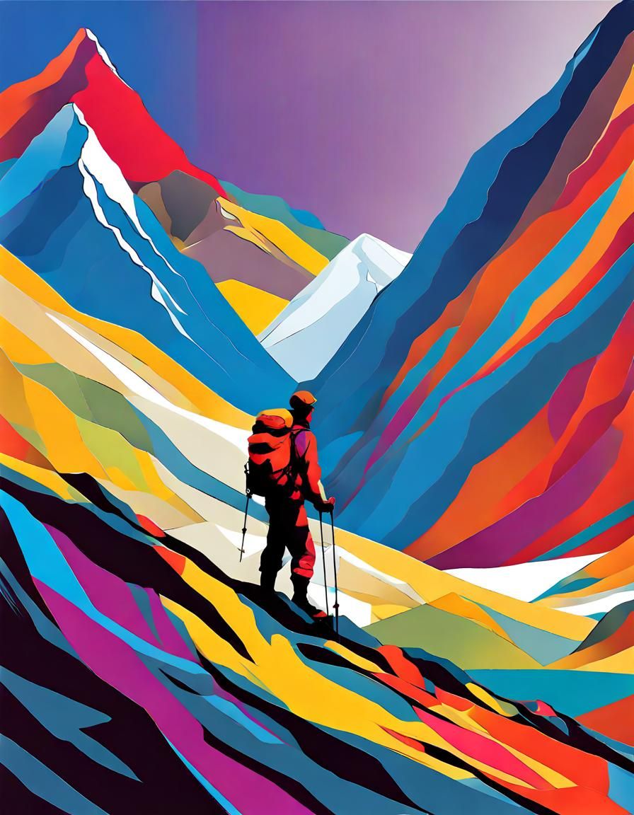 Abstract. Vibrant colours. Scottish mountain. Mountaineer on peak. - AI ...