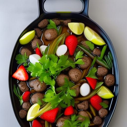 Duck with truffle oil, rhubarbs and strawberries on a bed of...