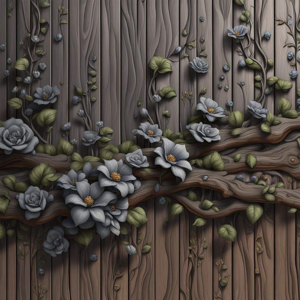 grey-hue flowers on vines crawling up wood wall with wood gr...