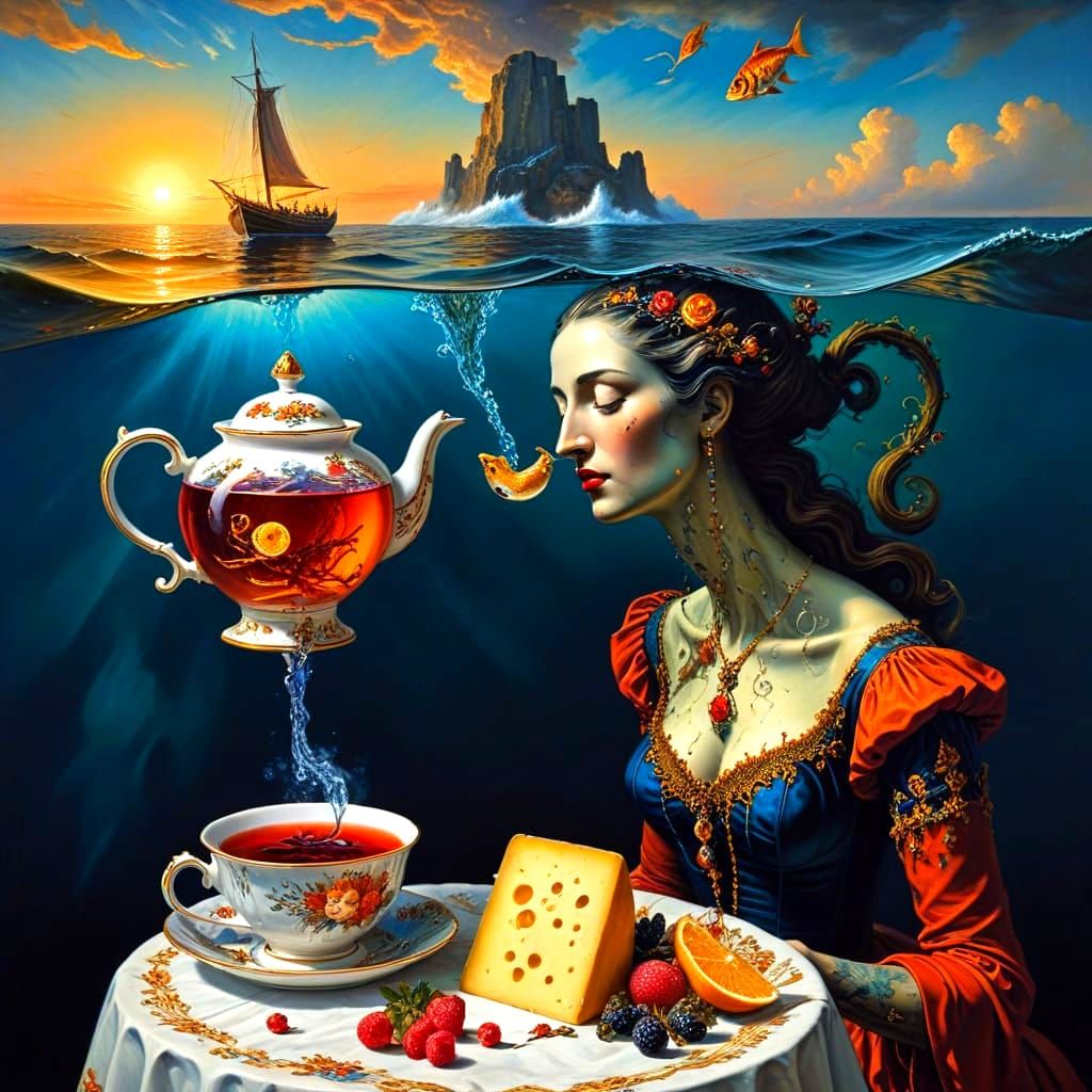 Surreal Sea Fantasy with Grotesque Sailboats and Wine
