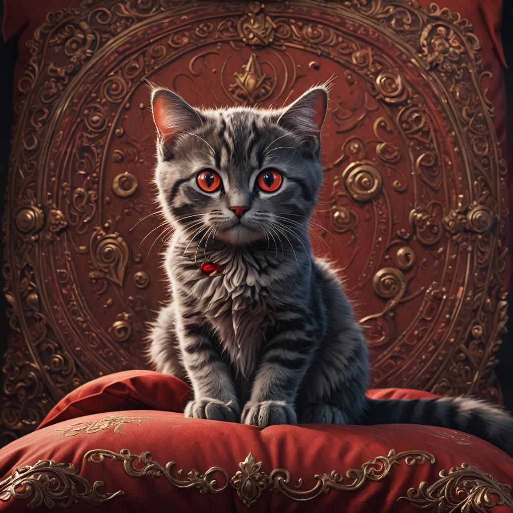 Red-Eyed Cat on Pillow: Detailed Digital Painting
