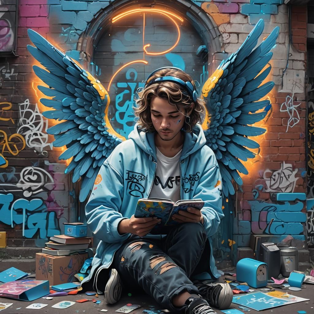 Graffiti Artist Reading Angel in Neon Blue