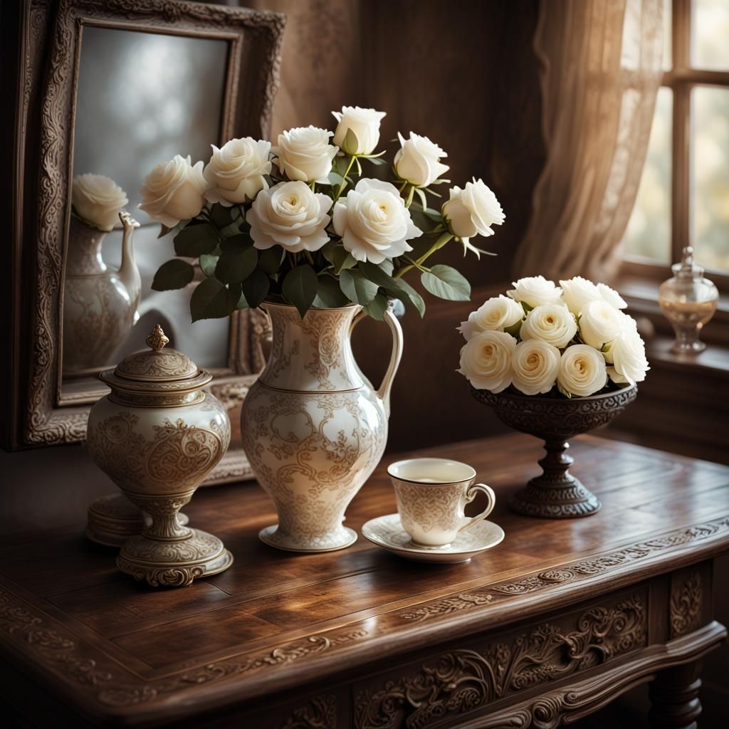 Mother-of-pearl vase holding white roses.