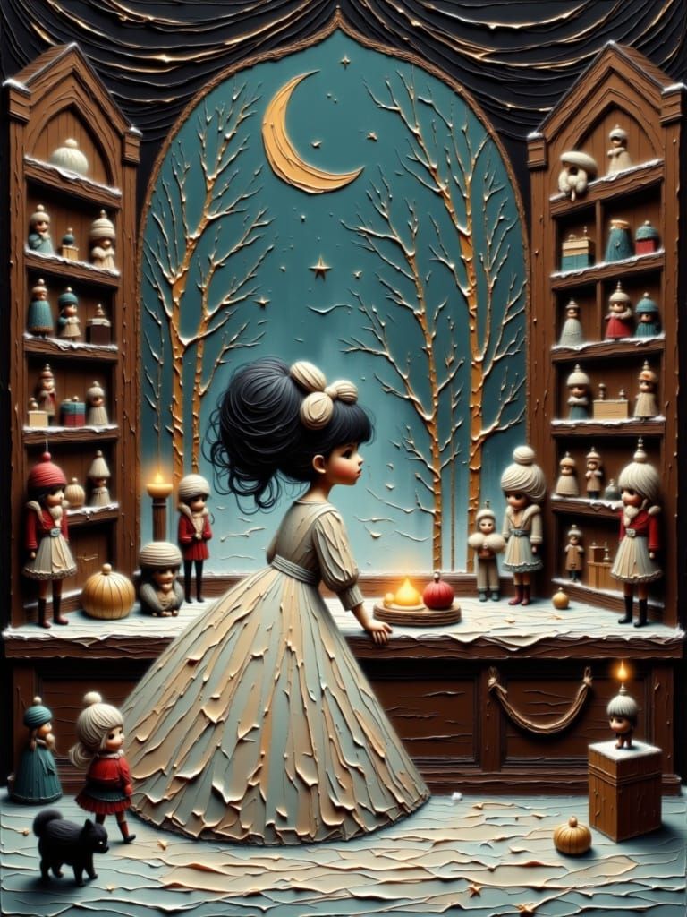 <lora:Moonchild Christmas:1.0> Movie poster quality, Winterscape, Christmascore, Toyshop Wonder
"Moonchild wanders enchanted toyshop, shelve...