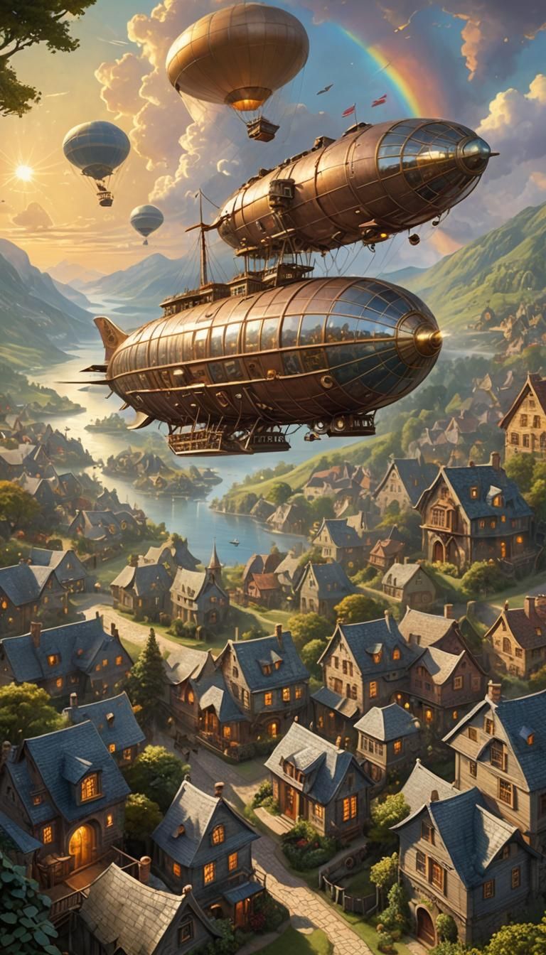 Steampunk airship flying over a Fantasy landscape portholes ...