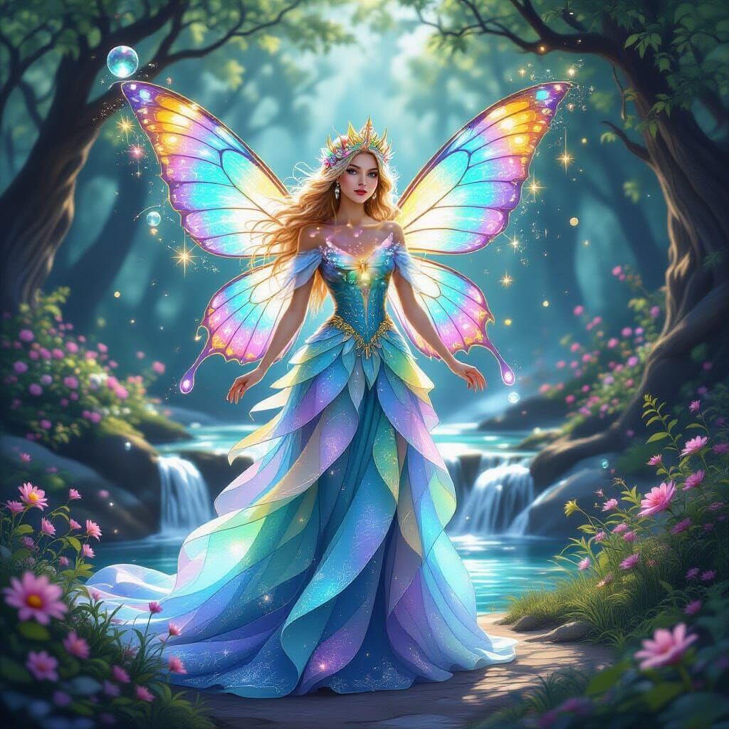A fairy queen steps forward from between ancient trees, her wings refracting rainbow light as waterfalls shimmer behind ...