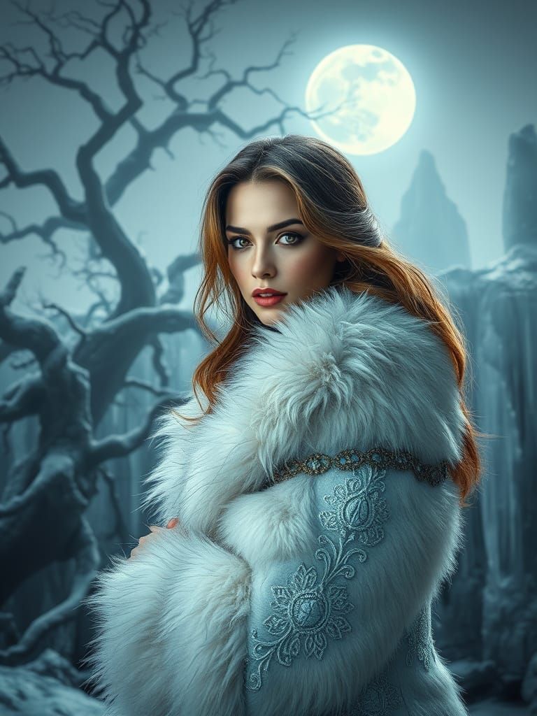 Elegant Woman Poses in Snowy Forest with Ancient Trees