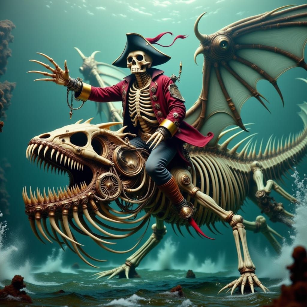Skeleton pirate loin riding on a sea monster sea serpent <lora:Sharp teeth:1.0> in stormy seas, maximalism hyperintricate