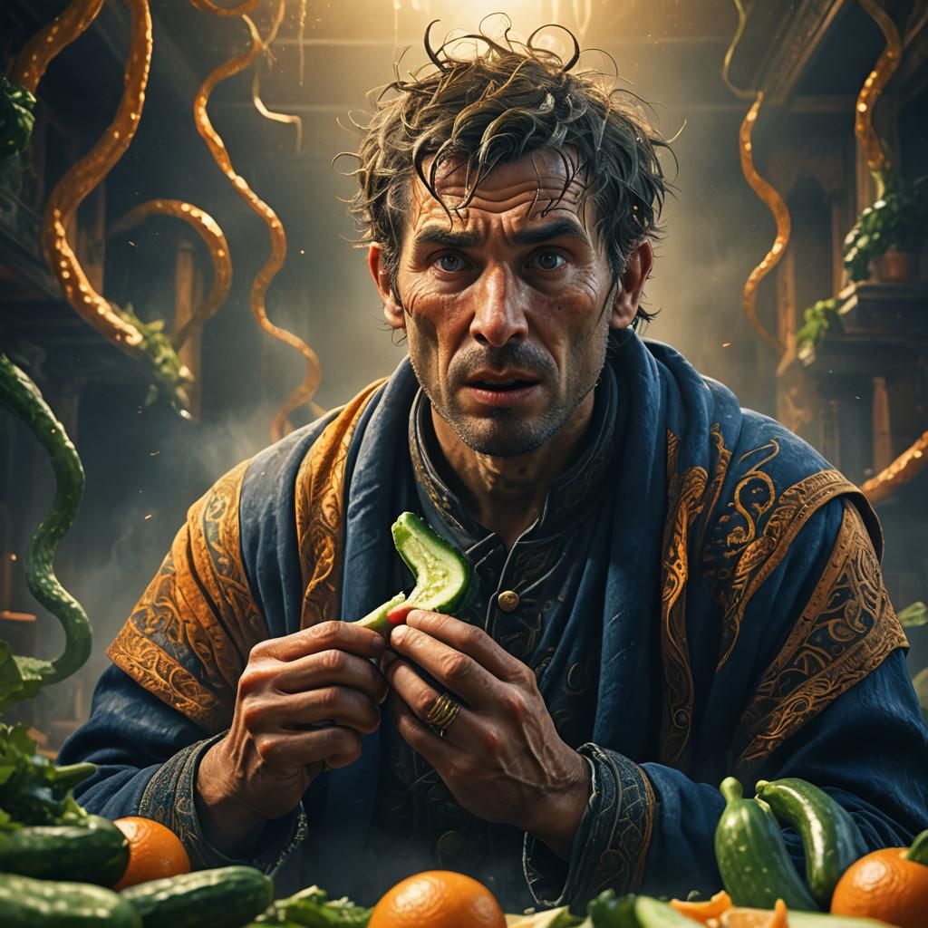 Frustrated Man Eating Cucumber in Detailed Matte Painting