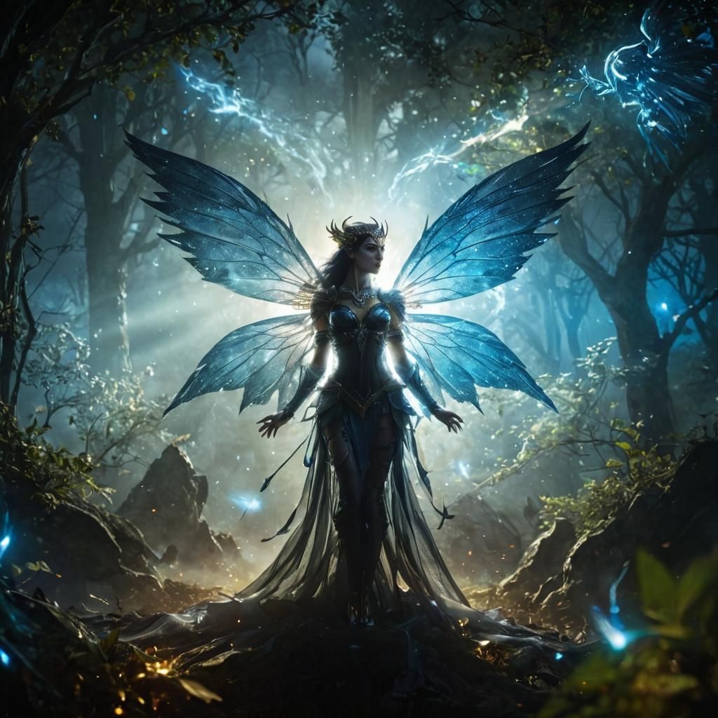 Dark fantasy concept art. Medium shot. An armored Darkness elf queen with large chest and gorgeous big blue eyes and with intricate gold tri...