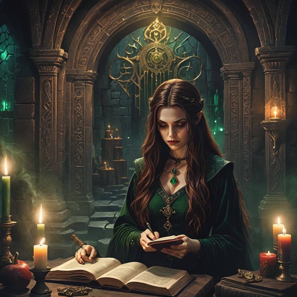 Young and beautiful 16 year old witch with long brown hair a...