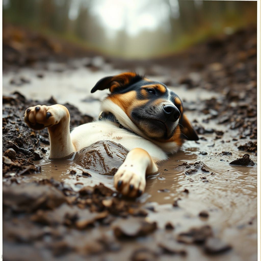 Epic Cinematic Moment of a Dog Rolling in Mud