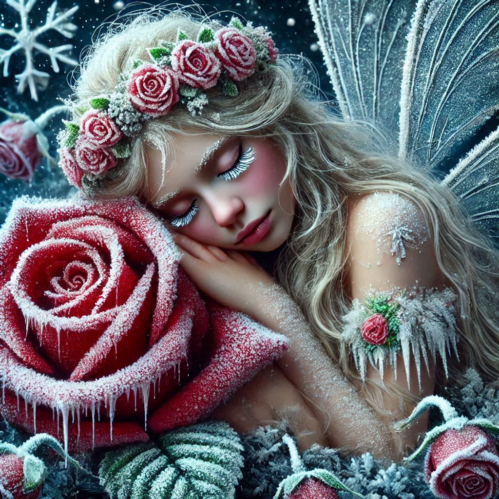 Snow fairy sleeping on a giant frozen rose