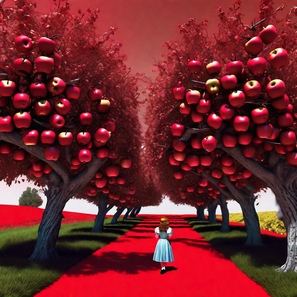 red apple trees with faces throwing apples at Dorothy from wizard of oz