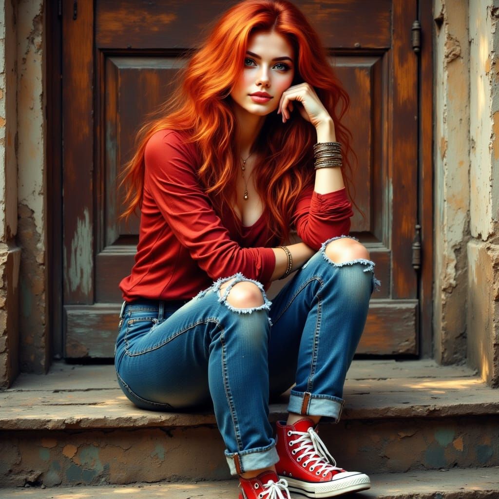 Redhead on Wooden Steps in Ripped Jeans