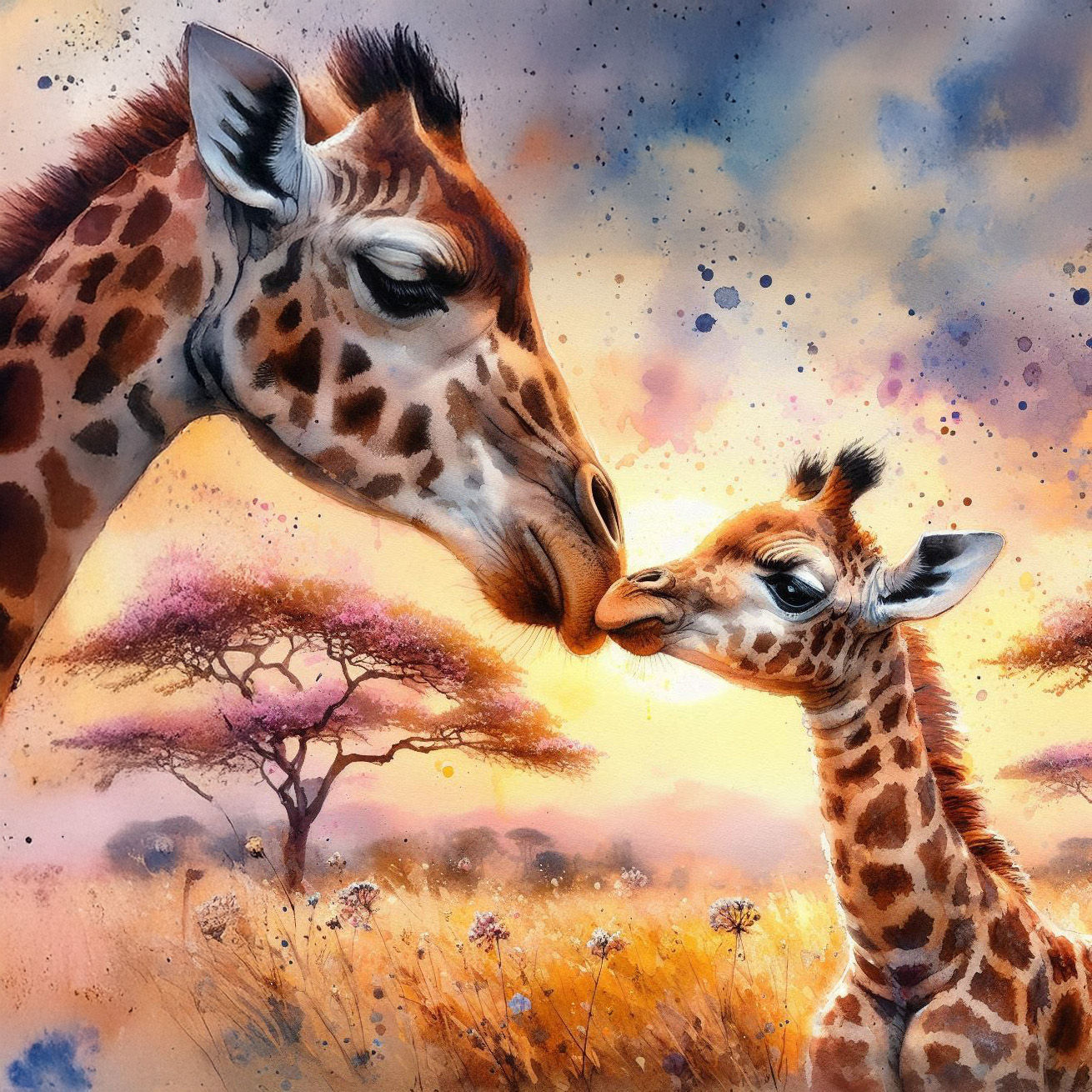 Giraffe adult and calf watercolor portrait