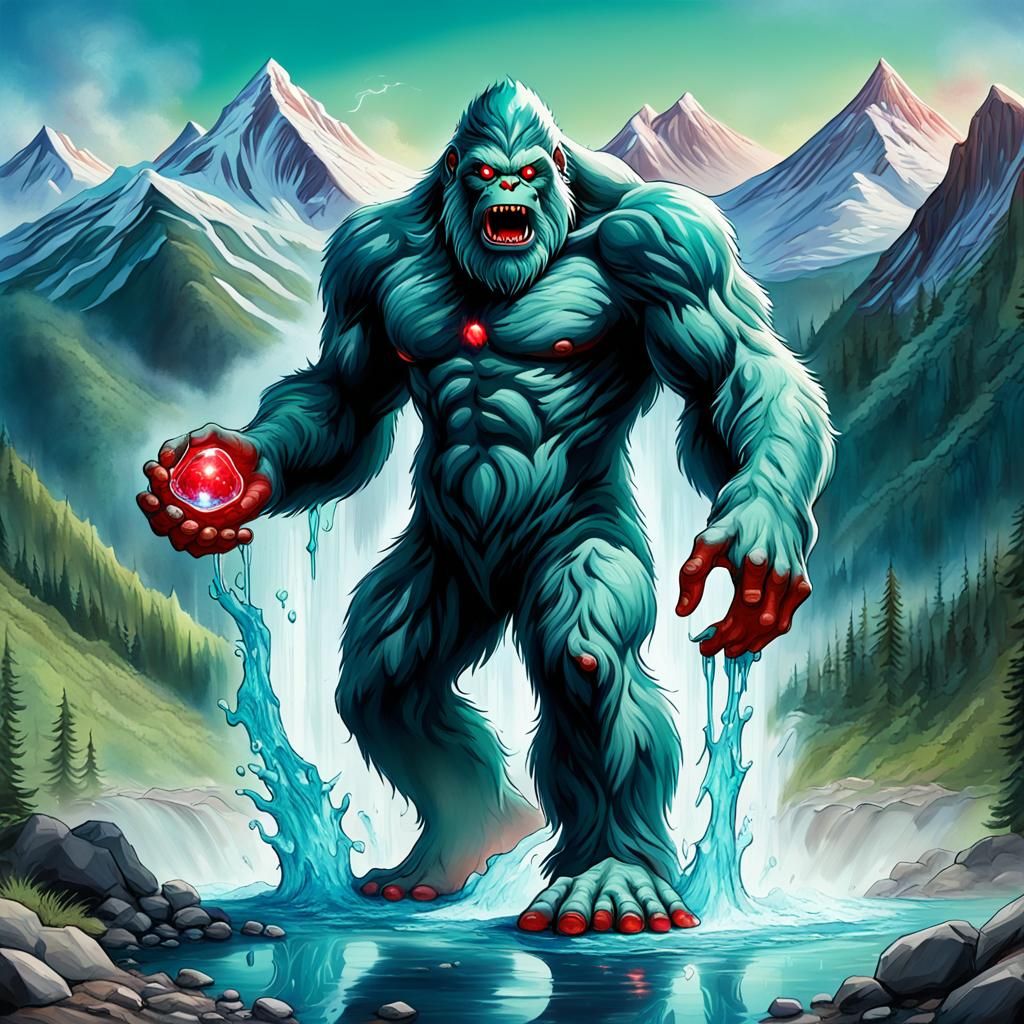 A realistically blue-green Bigfoot with red eyes is splittin...