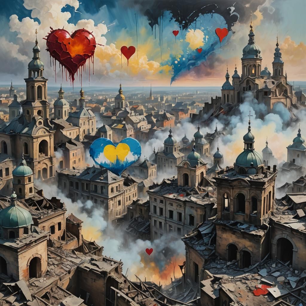 dramatic surreal image of the war in ukraine with a heart shaped sky