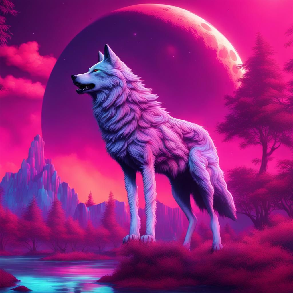 wolf in landscape under full moon (vaporwave) - AI Generated Artwork ...