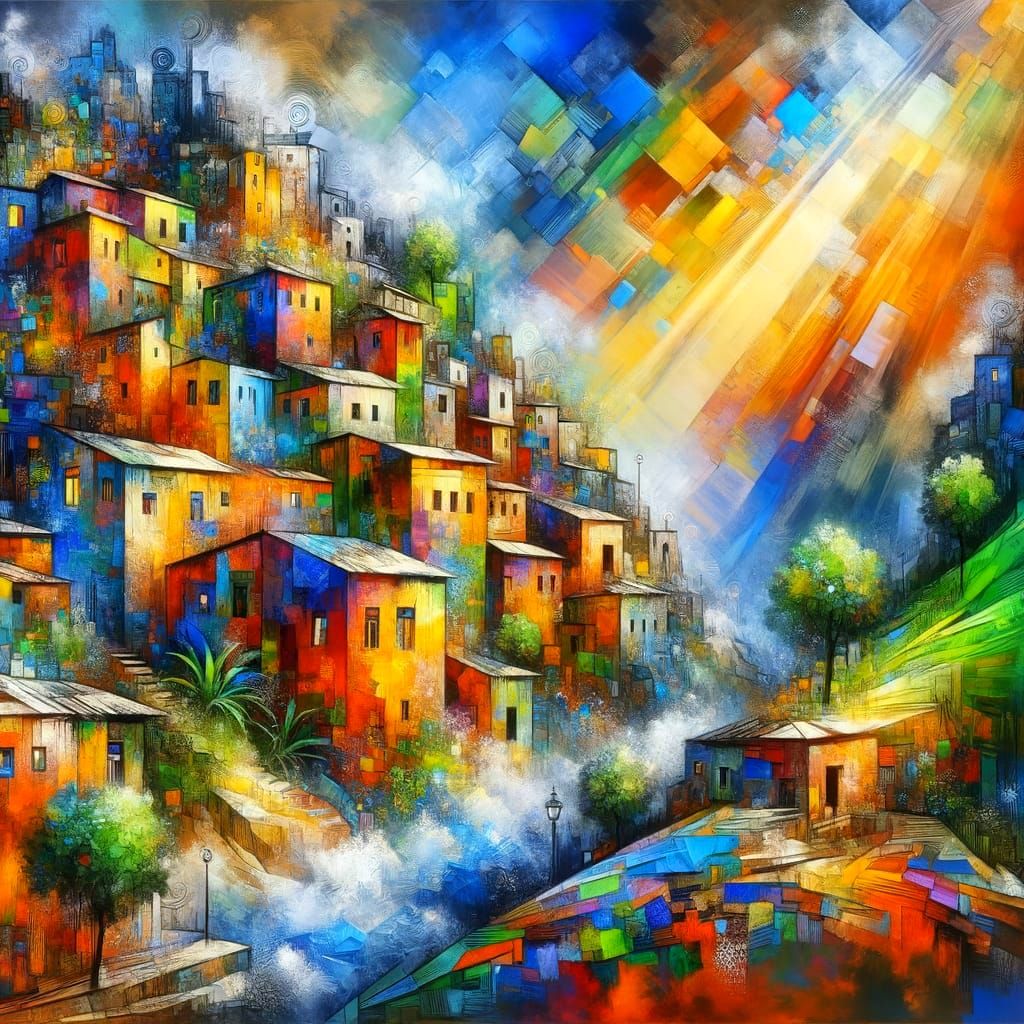 Vibrant Village on Hillside in Mixed Media Style