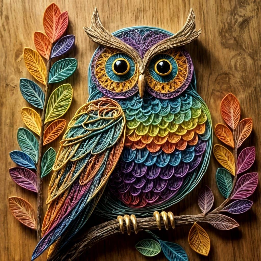 An owl made of rainbow string is perched on a branch.  by @Phantazia