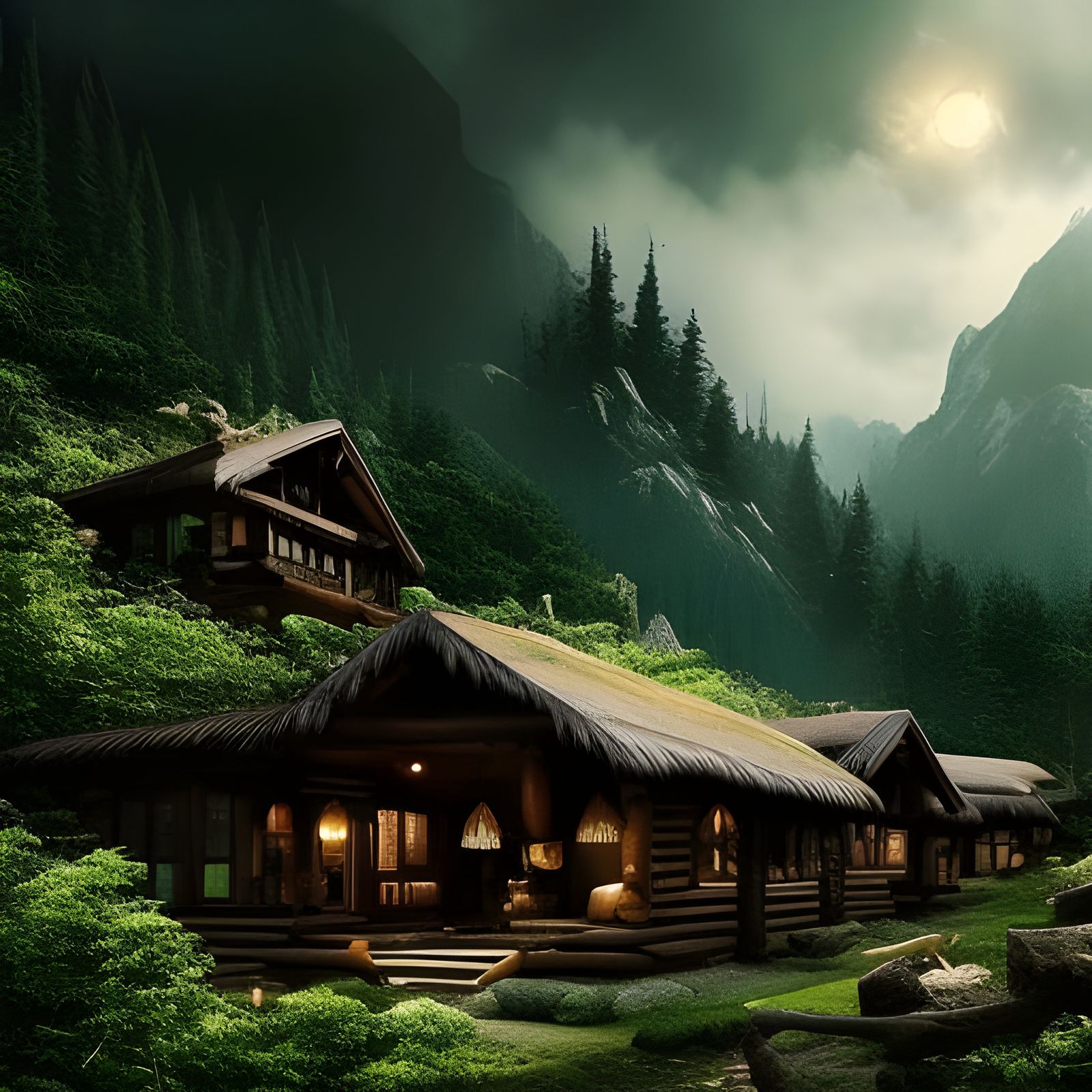 mountain forest lodge, Epic cinematic brilliant stunning int...