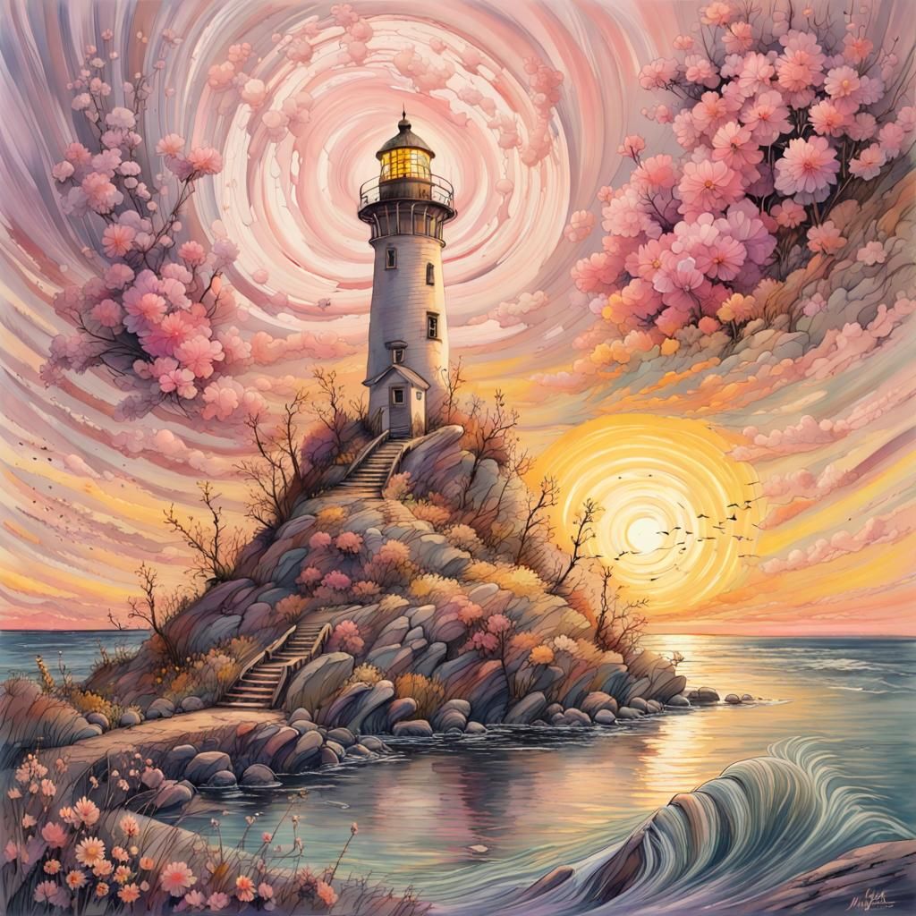 Pastel Lighthouse Wildflower Dream