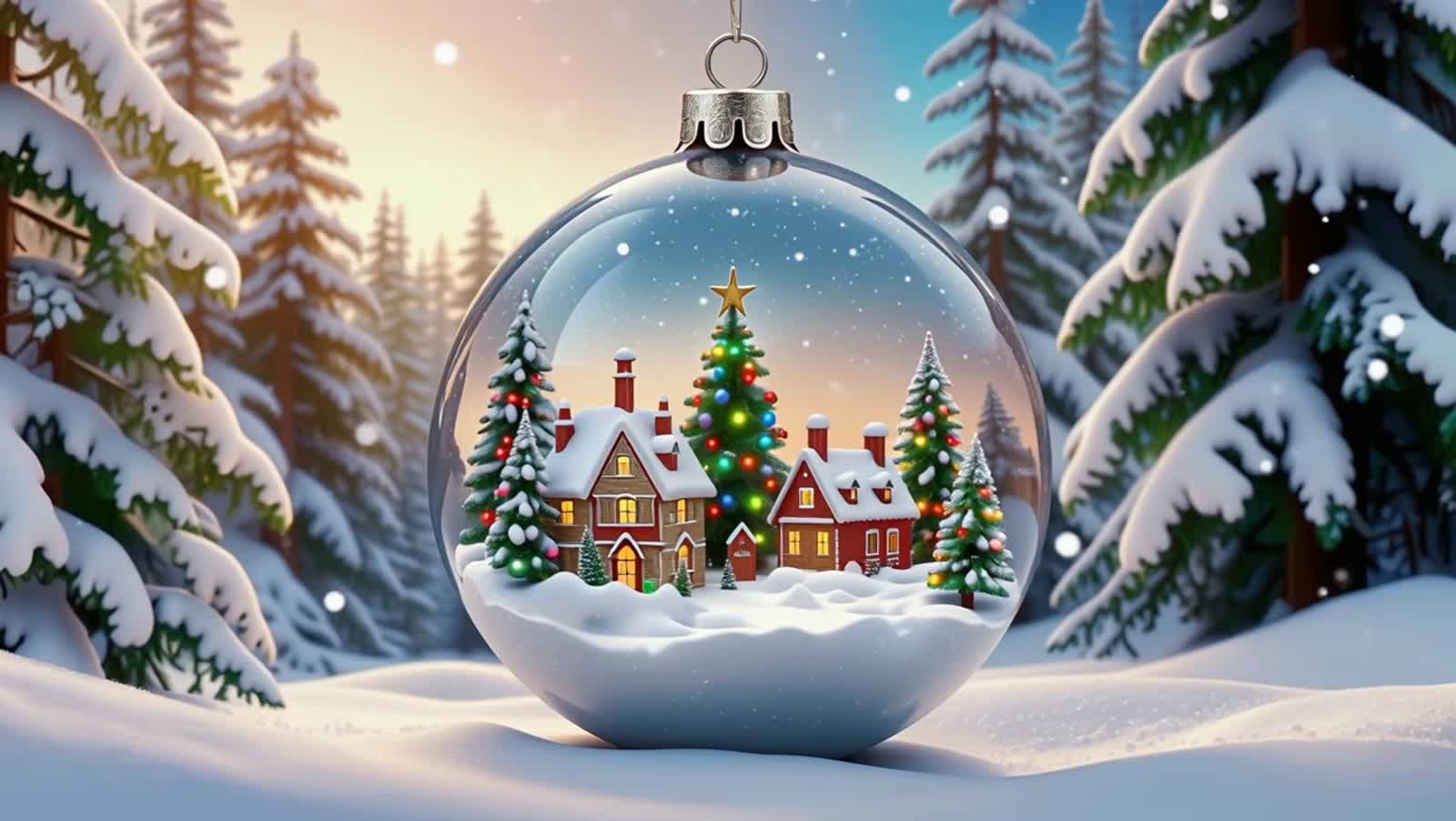 Doppelbelichtung: : Im Wald liegt ein Weihnachtskugel aus Glas,schnee bedeckt, im Inneren der Weihnachtskugel ist ein kl...