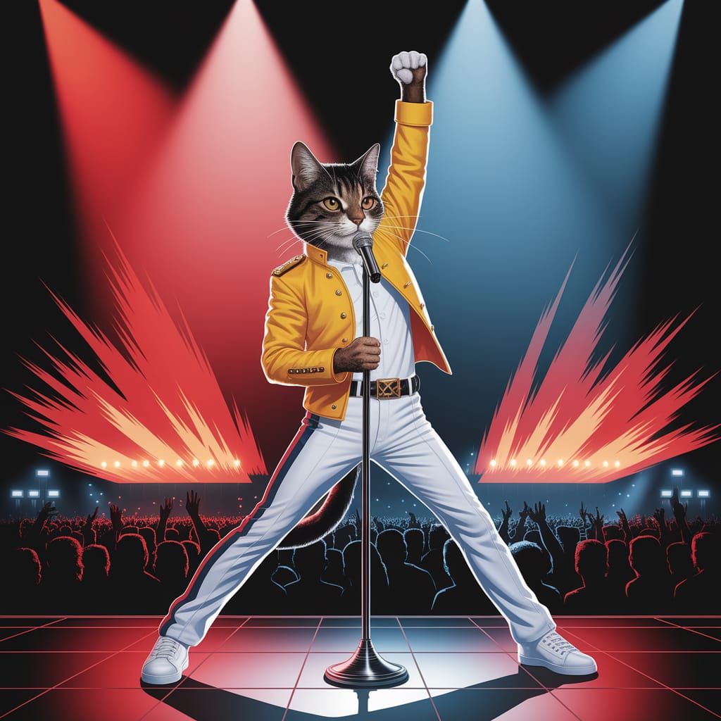A confident, anthropomorphic tabby cat dressed as Freddie Mercury during a rock concert. The cat is standing in a powerful pose on stage, on...