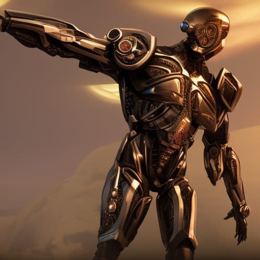 a black cyborg holding up the earth