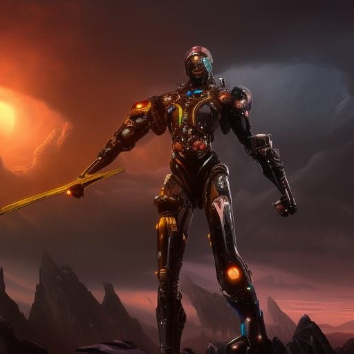 a black cyborg holding up the earth