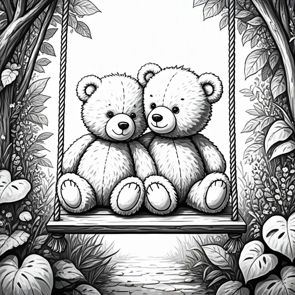 Whimsical Teddy Bears on a Swing in Black and White